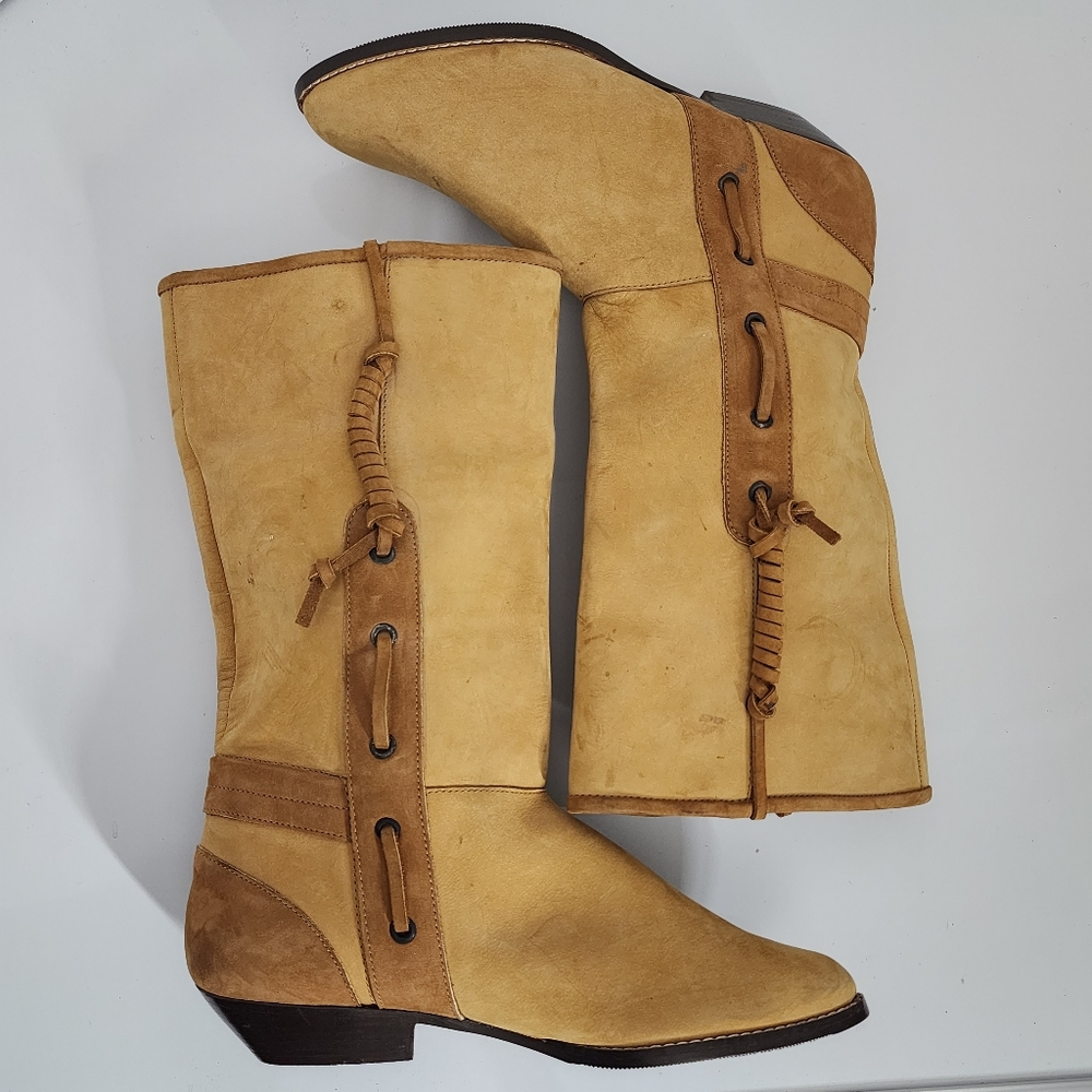 Vintage 80's Maine Woods Leather Boots Tan Low Heel Western DORADO RUN SMALL - Picture 7 of 16
